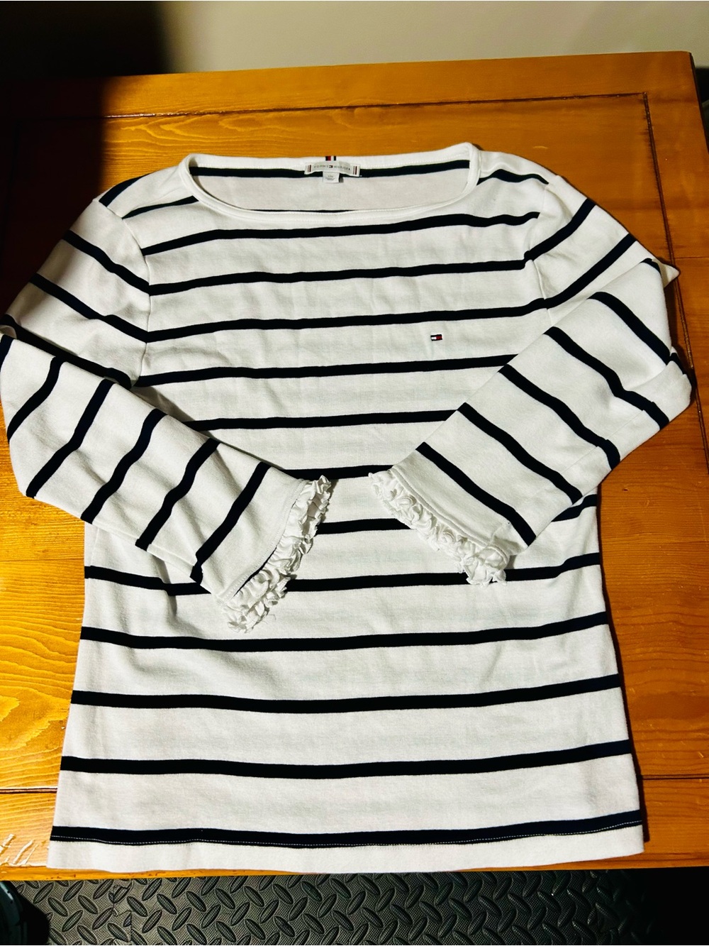 Tommy Hilfiger White & Navy Striped Ruffle Cuff Boatneck Top 3/4 sleeves